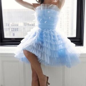 Mac Duggal Baby Blue Tiered Tulle Mini Dress